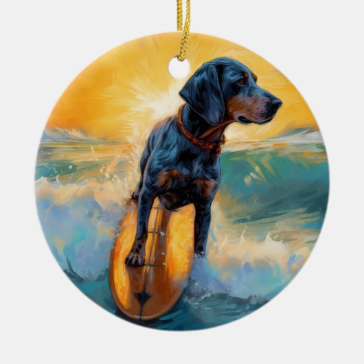 Bluetick Coonhound Beach Surfen schilderij Keramisch Ornament (Voorkant)