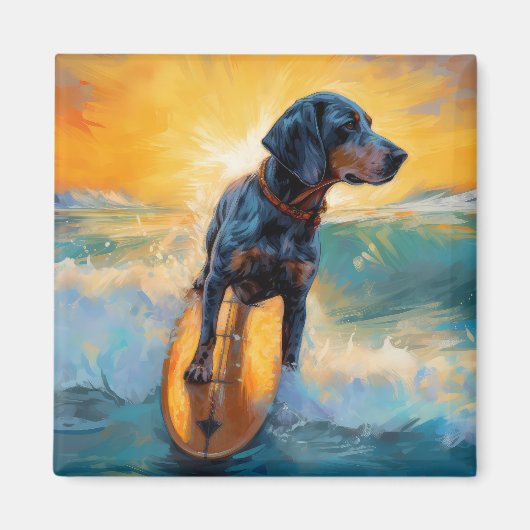 Bluetick Coonhound Beach Surfen schilderij Magneet (Voorkant)