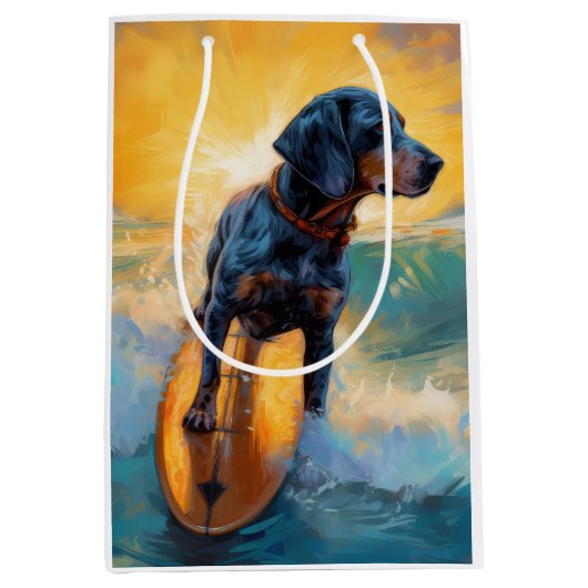 Bluetick Coonhound Beach Surfen schilderij Medium Cadeauzakje (Voorkant)