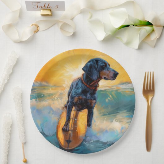 Bluetick Coonhound Beach Surfen schilderij Papieren Bordje (Huwelijk)