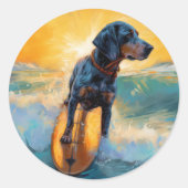 Bluetick Coonhound Beach Surfen schilderij Ronde Sticker (Voorkant)