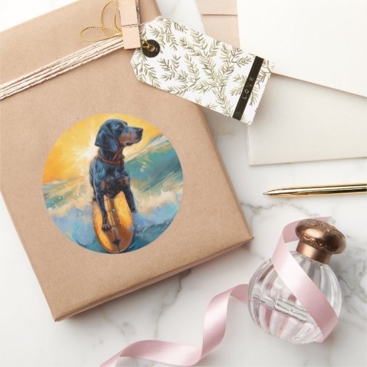 Bluetick Coonhound Beach Surfen schilderij Ronde Sticker (Geschenken)