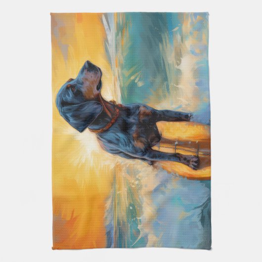 Bluetick Coonhound Beach Surfen schilderij Theedoek (Verticaal)