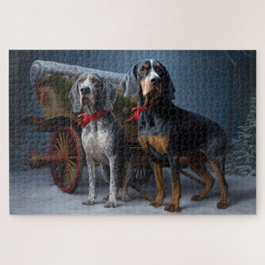 Bluetick Coonhound Besneeuwde slee Kerstmis decora Legpuzzel (Horizontaal)