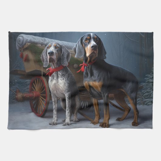 Bluetick Coonhound Besneeuwde slee Kerstmis decora Theedoek (Horizontaal)