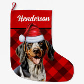 Bluetick Coonhound Buffalo Plaid en Honden Naam Grote Kerstsok (Voorkant)