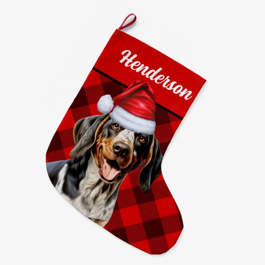 Bluetick Coonhound Buffalo Plaid en Honden Naam Grote Kerstsok (Voorkant (Hangend))