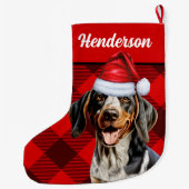 Bluetick Coonhound Buffalo Plaid en Honden Naam Grote Kerstsok (Achterkant)