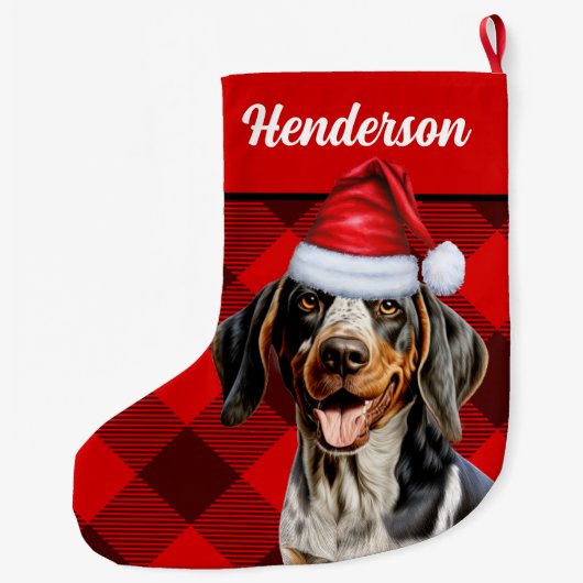 Bluetick Coonhound Buffalo Plaid en Honden Naam Grote Kerstsok (Achterkant)