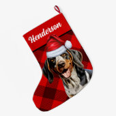 Bluetick Coonhound Buffalo Plaid en Honden Naam Grote Kerstsok (Achterkant (Hangend))