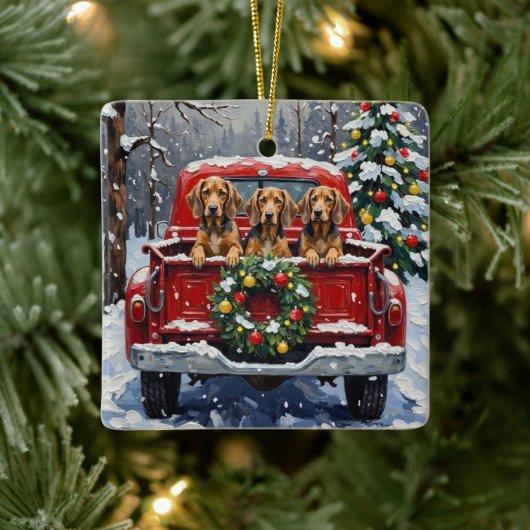 Bluetick Coonhound Christmas Red Truck Holiday Keramisch Ornament (Boom)