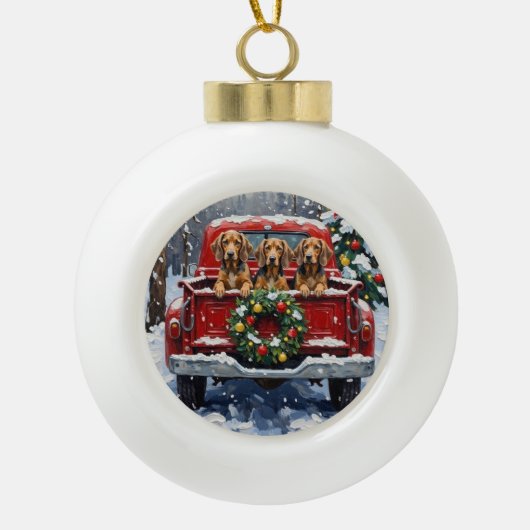 Bluetick Coonhound Christmas Red Truck Holiday Keramische Bal Ornament (Voorkant)