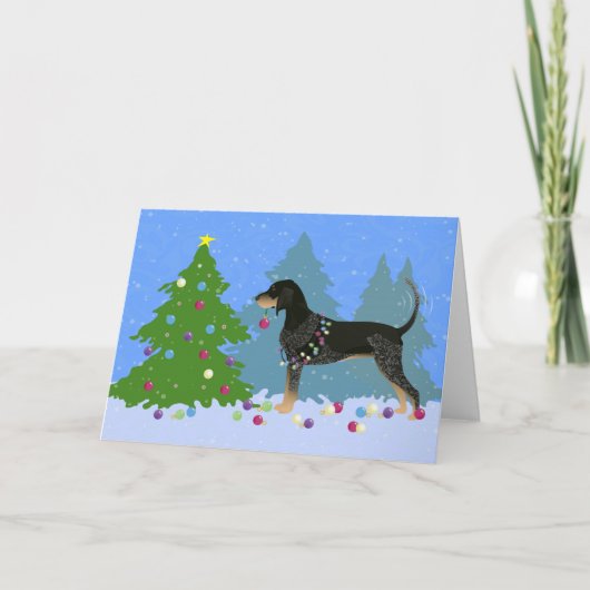 Bluetick Coonhound Decorating Kerstboom Feestdagen Kaart (Voorkant)