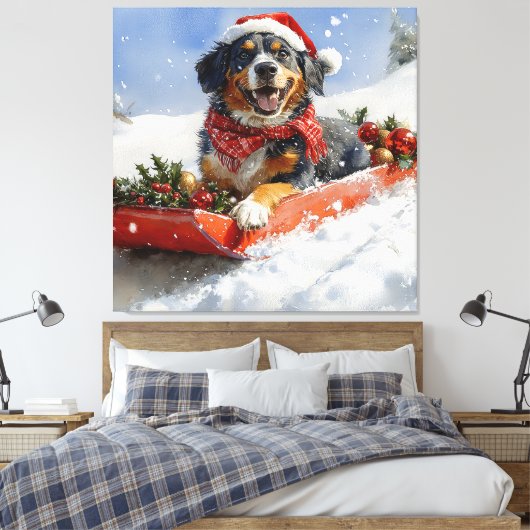 Bluetick Coonhound Dog in Sledge Christmas Canvas Afdruk (Insitu (Slaapkamer))