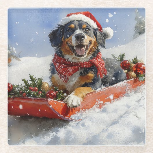 Bluetick Coonhound Dog in Sledge Christmas Glazen Onderzetter (Voorkant)