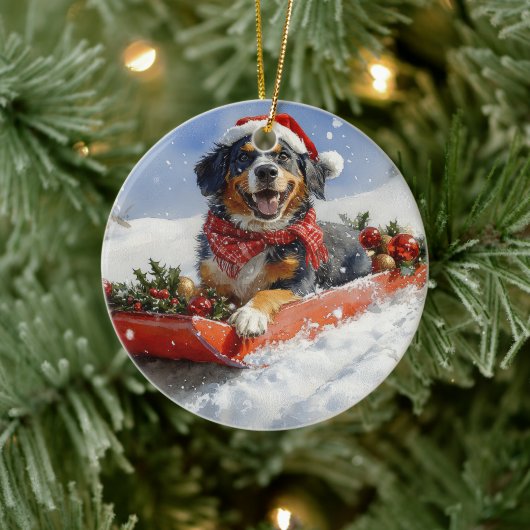 Bluetick Coonhound Dog in Sledge Christmas Keramisch Ornament (Boom)