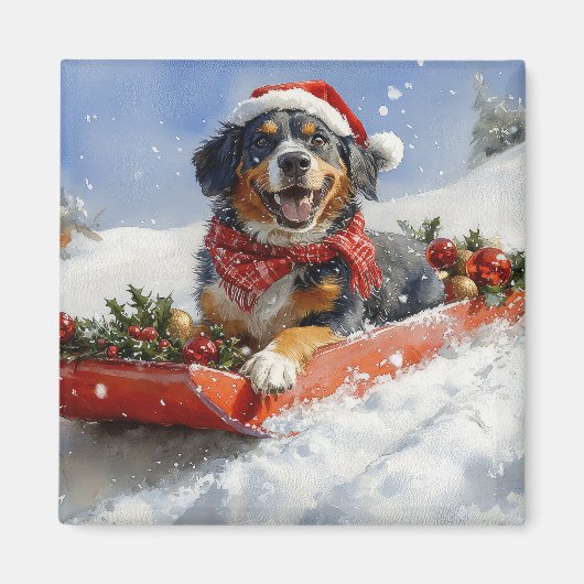 Bluetick Coonhound Dog in Sledge Christmas Magneet (Voorkant)