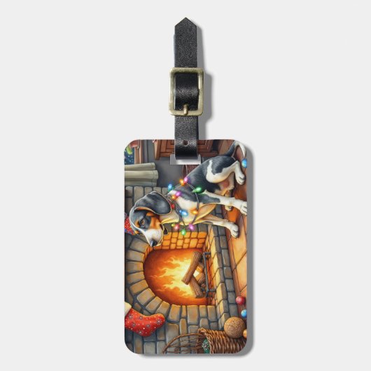 Bluetick Coonhound Fireplace with Christmas Lights Bagagelabel (Voorkant verticaal)