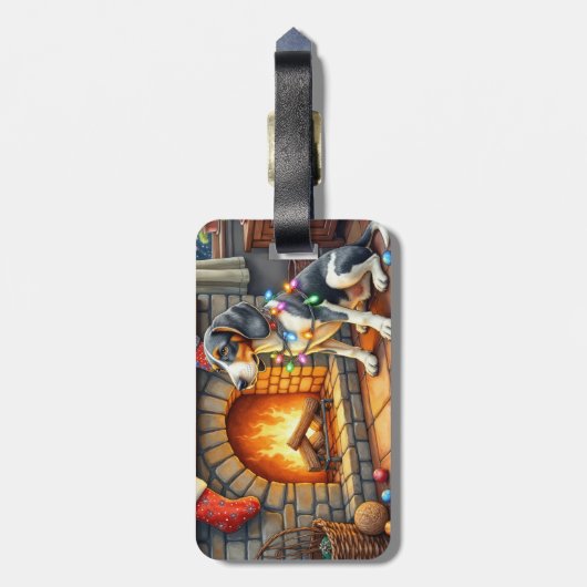 Bluetick Coonhound Fireplace with Christmas Lights Bagagelabel (Achterkant verticaal)