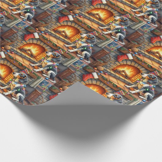 Bluetick Coonhound Fireplace with Christmas Lights Cadeaupapier (Hoek)