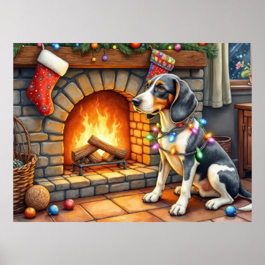 Bluetick Coonhound Fireplace with Christmas Lights Poster (Voorkant)