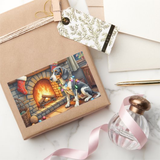 Bluetick Coonhound Fireplace with Christmas Lights Rechthoekige Sticker (Geschenken)