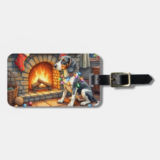 Bluetick Coonhound Haard met Kerstverlichting Bagagelabel (Voorkant horizontaal)