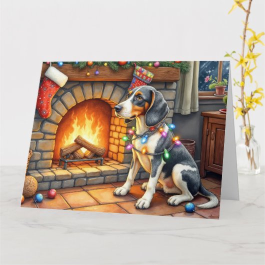 Bluetick Coonhound Haard met Kerstverlichting Kaart (Gele Bloem)