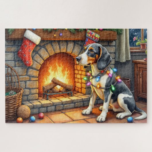 Bluetick Coonhound Haard met Kerstverlichting Legpuzzel (Horizontaal)