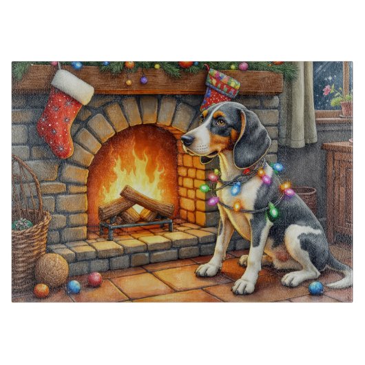 Bluetick Coonhound Haard met Kerstverlichting Snijplank (Voorkant)