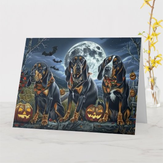 Bluetick Coonhound Halloween Spooky Kaart (Gele Bloem)