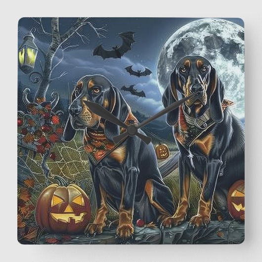 Bluetick Coonhound Halloween Spooky Vierkante Klok (Voorkant)