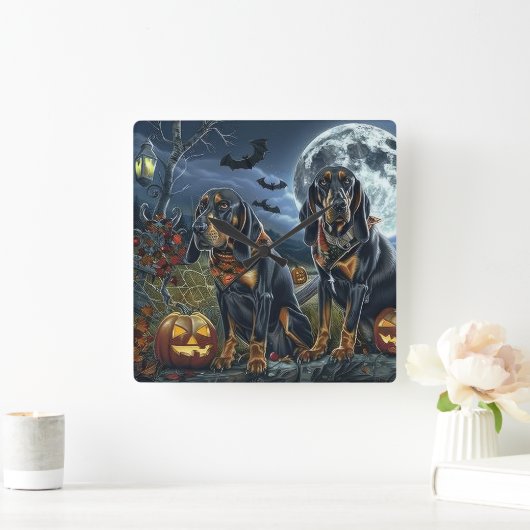 Bluetick Coonhound Halloween Spooky Vierkante Klok (Huis)