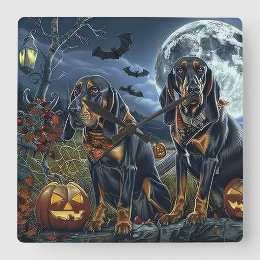 Bluetick Coonhound Halloween Spooky Vierkante Klok (Voorkant)