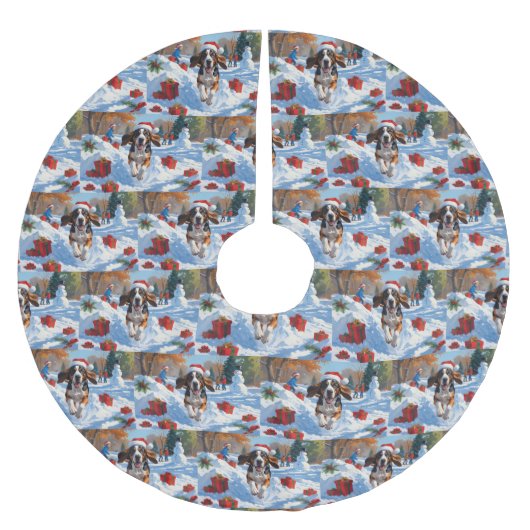 Bluetick Coonhound Hardlopen in de sneeuw met Kers Kerstboom Rok (Voorkant)