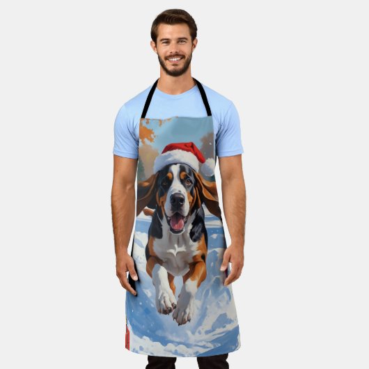 Bluetick Coonhound Hardlopen in de sneeuw met Kers Schort (Gedragen)