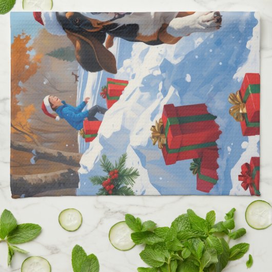 Bluetick Coonhound Hardlopen in de sneeuw met Kers Theedoek (Gevouwen)