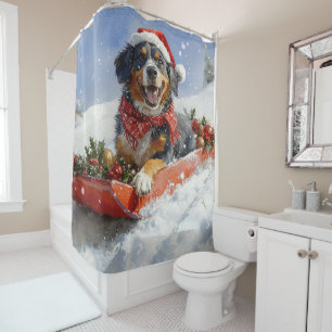 Bluetick Coonhound-hond in Kerstmis slee </s> is r Douchegordijn