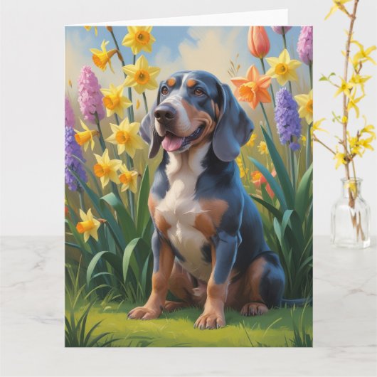 Bluetick Coonhound-hond lente bloemen schilderij Kaart (Gele Bloem)