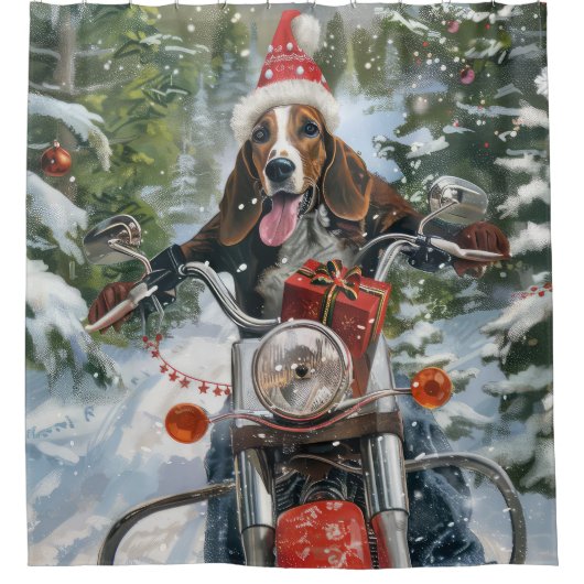 Bluetick Coonhound Hond Rijden Motorfiets Kerstmis Douchegordijn (Voorkant)