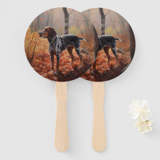 Bluetick Coonhound in Herfstbladeren Herfst Inspir Handwaaier (Voorkant en achterkant)