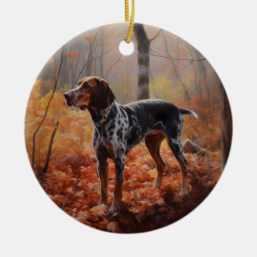 Bluetick Coonhound in herfstbladeren inspireren Keramisch Ornament (Voorkant)