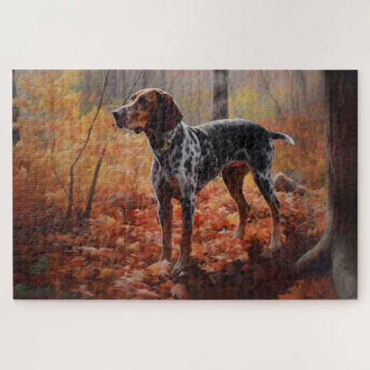 Bluetick Coonhound in herfstbladeren val inspireer Legpuzzel (Horizontaal)