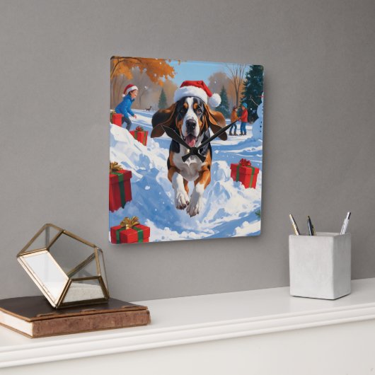 Bluetick Coonhound Kerst Sneeuwlandschap Vierkante Klok (Kantoor)