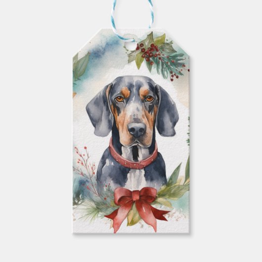 Bluetick Coonhound Kerstkrans Feestelijke Pup Cadeaulabel (Voorkant)