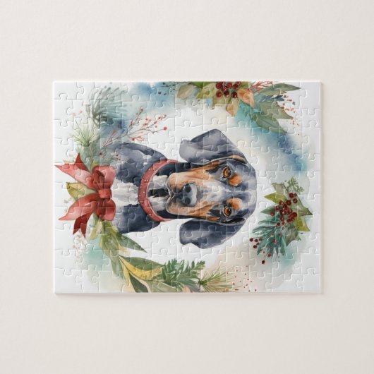 Bluetick Coonhound Kerstkrans Feestelijke Pup Legpuzzel (Horizontaal)