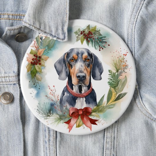 Bluetick Coonhound Kerstkrans Feestelijke Pup Ronde Button 6,0 Cm (In situ)