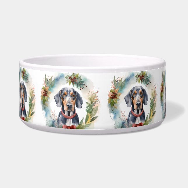 Bluetick Coonhound Kerstkrans Festieve Puppy Voerbakje (Voorkant)