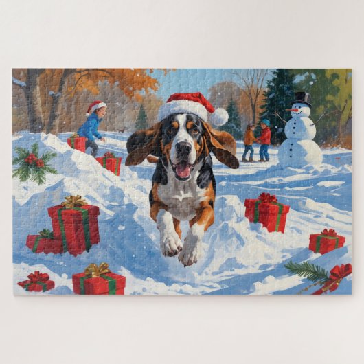 Bluetick Coonhound Kerstmis feestelijke sneeuw sce Legpuzzel (Horizontaal)