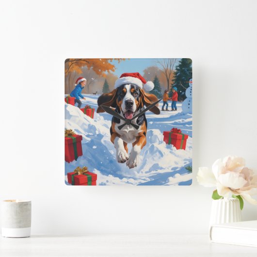 Bluetick Coonhound Kerstmis feestelijke sneeuw sce Vierkante Klok (Huis)